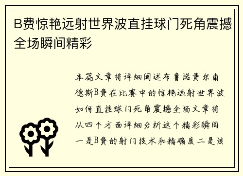 B费惊艳远射世界波直挂球门死角震撼全场瞬间精彩