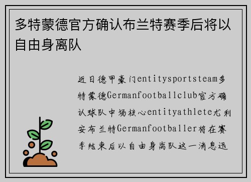 多特蒙德官方确认布兰特赛季后将以自由身离队