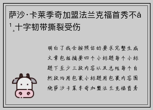 萨沙·卡莱季奇加盟法兰克福首秀不幸十字韧带撕裂受伤 萨沙·卡莱季奇加盟法兰克福首秀不幸十字韧带撕裂受伤